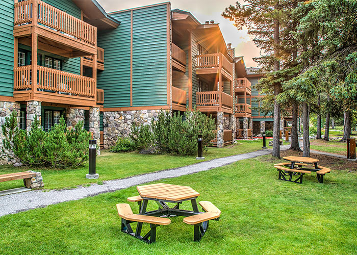 Picnic Table area outside of lodging with grassy area